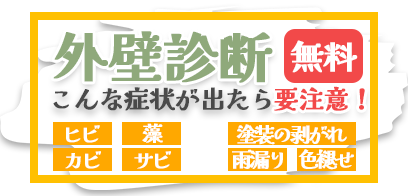 無料外壁診断。ヒビ・藻・カビ・サビ・塗装の剥がれ・雨漏り・色褪せがあれば要注意！