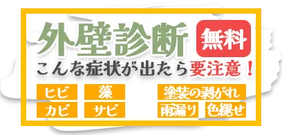 無料外壁診断。ヒビ・藻・カビ・サビ・塗装の剥がれ・雨漏り・色褪せがあれば要注意！